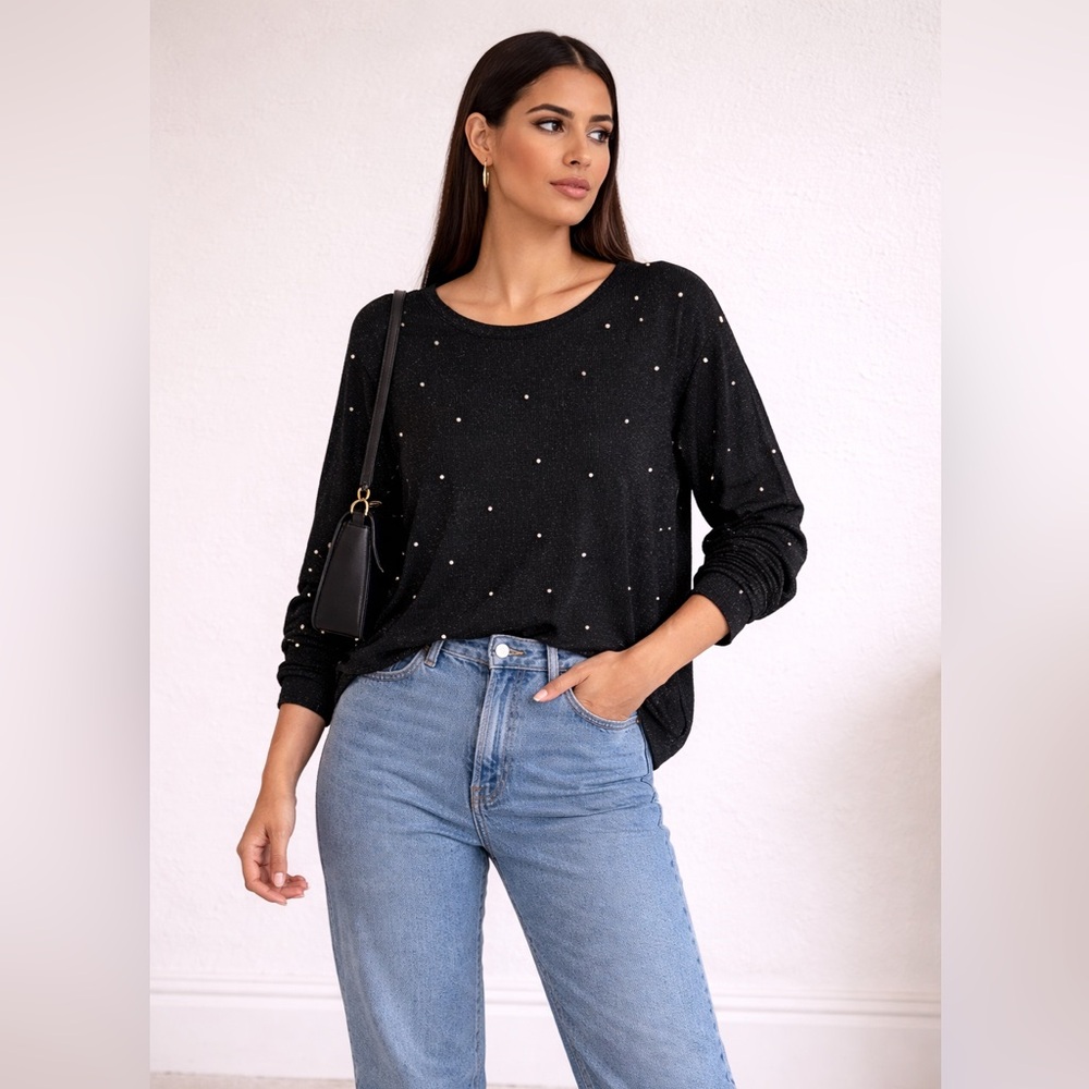 Chic Black Long Sleeve Women's Top with Dotted Accents